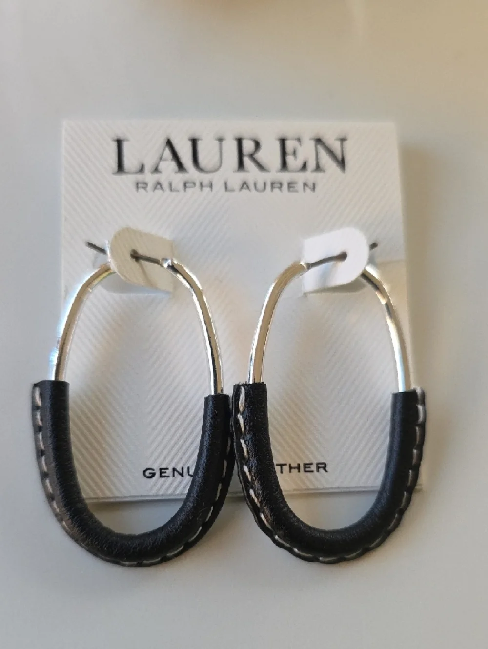 Lauren Ralph Lauren‎ Black and Silver Leather-Trim Hoop Earrings